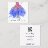 ファッションデザイナーグリッタードレスロゴQR金ゴールドブルー スクエア名刺 (正面/裏面)