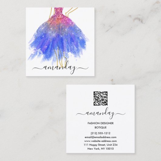 ファッションデザイナーグリッタードレスロゴQR金ゴールドブルー スクエア名刺 (正面/裏面)