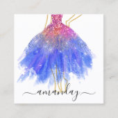 ファッションデザイナーグリッタードレスロゴQR金ゴールドブルー スクエア名刺 (正面)