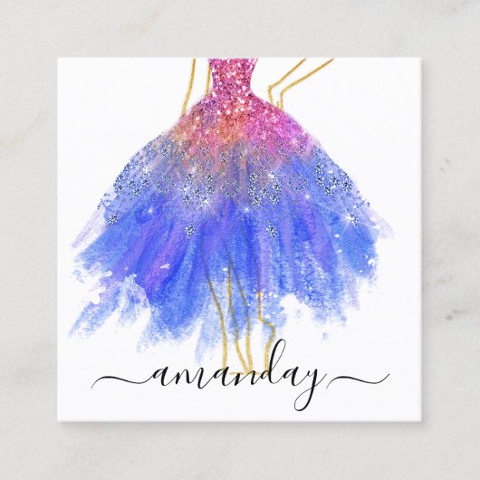 ファッションデザイナーグリッタードレスロゴQR金ゴールドブルー スクエア名刺 (正面)