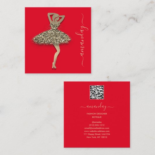 ファッションデザイナーショップドレスQRコードロゴ金ゴールド赤 スクエア名刺 (正面/裏面)