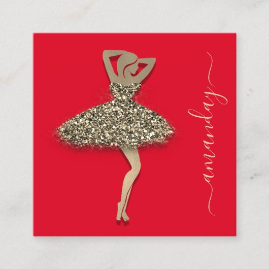 ファッションデザイナーショップドレスQRコードロゴ金ゴールド赤 スクエア名刺 (正面)