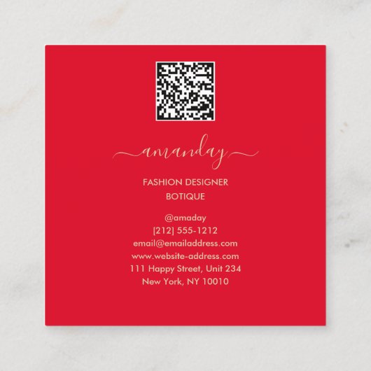 ファッションデザイナーショップドレスQRコードロゴ金ゴールド赤 スクエア名刺 (裏面)
