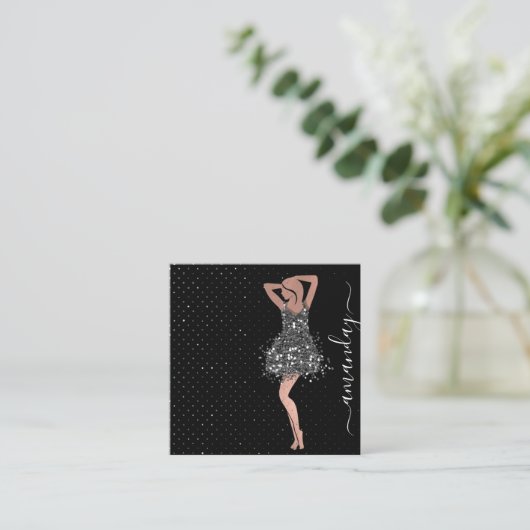 ファッションデザイナーショップドレスQRCodeロゴバラグレー スクエア名刺 (スタンド正面)