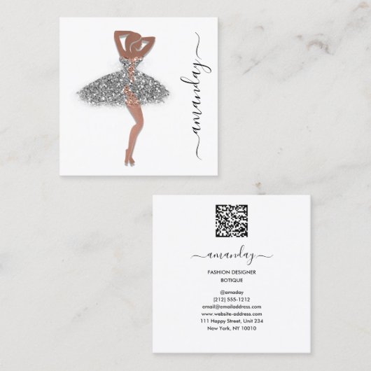ファッションデザイナーショップドレスQRCodeロゴローズシルバー スクエア名刺 (正面/裏面)