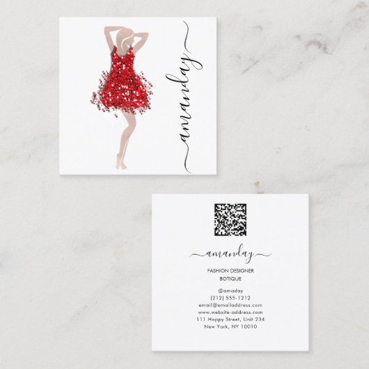 ファッションデザイナーショップレッドドレスQRCodeロゴホワイト スクエア名刺 (正面/裏面)