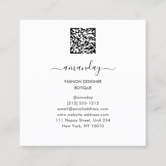ファッションデザイナーショップレッドドレスQRCodeロゴホワイト スクエア名刺 (裏面)
