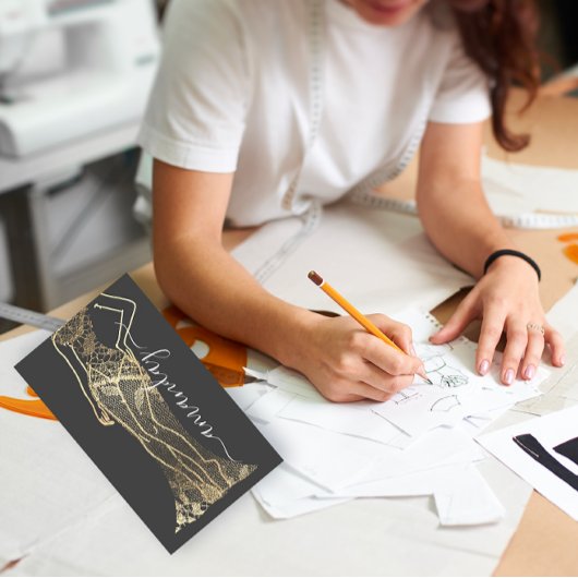 ファッションデザイナードレスロゴQRグレー金ゴールドレース 名刺