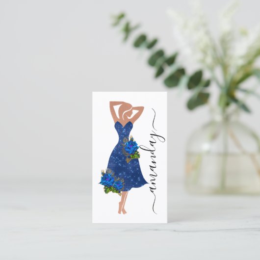 ファッションデザイナードレスロゴQRブルードレスショップ 名刺 (スタンド正面)