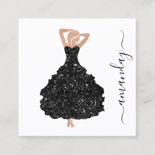 ファッションデザイナーブラックドレスロゴQRコードホワイト スクエア名刺 (正面)