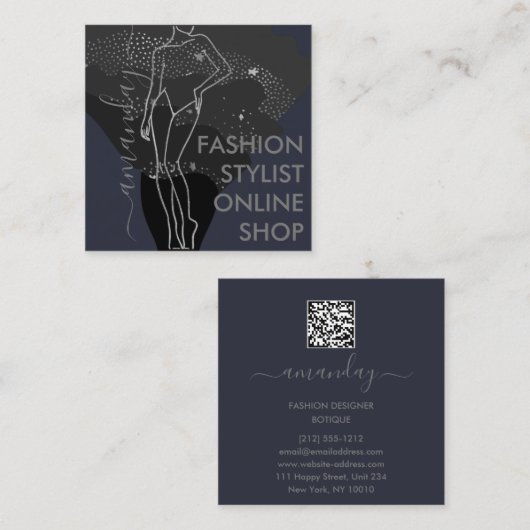 ファッションデザイナーロゴQR体図形スタイルリストグレー スクエア名刺 (正面/裏面)