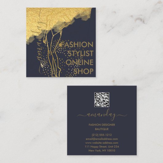 ファッションデザイナーロゴQR体SHAPEスタイリストゴールデン スクエア名刺 (正面/裏面)