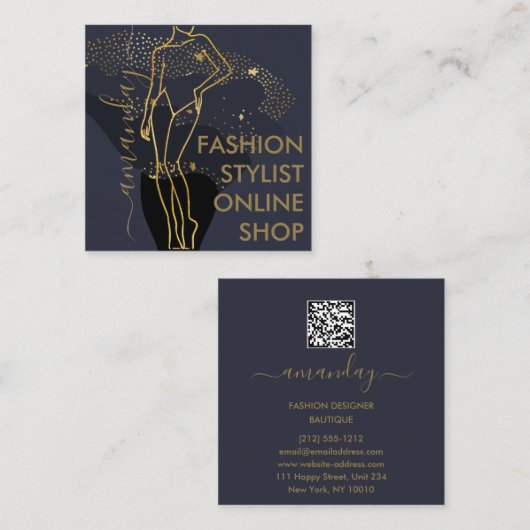 ファッションデザイナーロゴQR体SHAPEスタイリスト金ゴールド スクエア名刺 (正面/裏面)