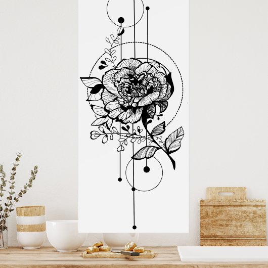 ファッショントレンディースタイリッシュ牡丹タトゥーデザイン ポスター (キッチン)