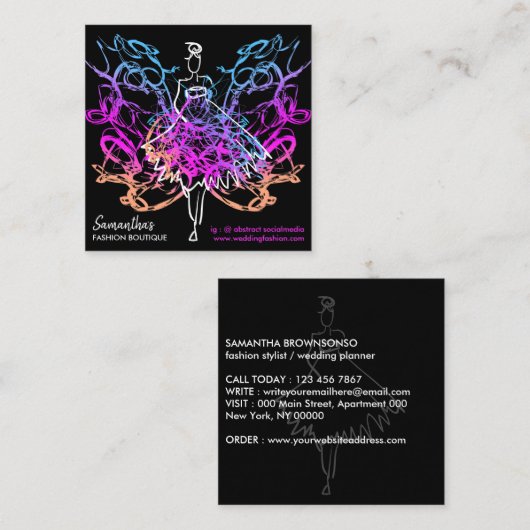 ファッションドレスガールバタフライ抽象芸術 スクエア名刺 (正面/裏面)