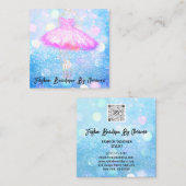 ファッションドレスロゴQRコードグリッターピンクドレスブルー スクエア名刺 (正面/裏面)