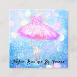 ファッションドレスロゴQRコードグリッターピンクドレスブルー スクエア名刺