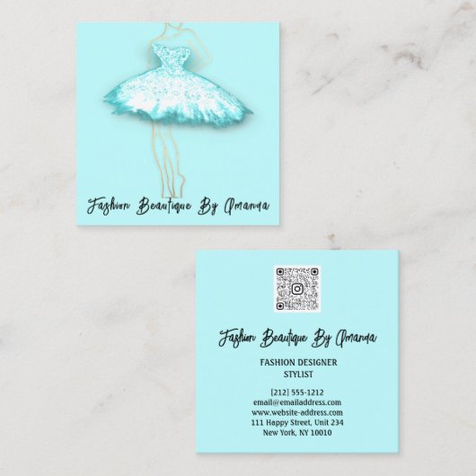 ファッションドレスロゴQRコードグリッターブルードレスアクア スクエア名刺 (正面/裏面)