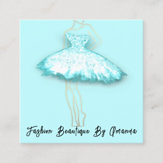 ファッションドレスロゴQRコードグリッターブルードレスアクア スクエア名刺 (正面)