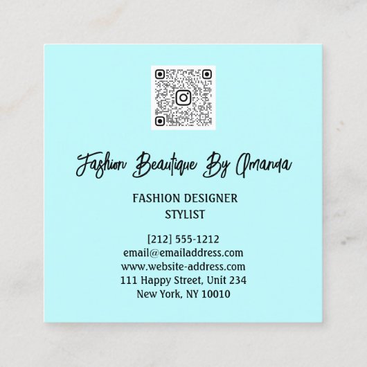 ファッションドレスロゴQRコードグリッターブルードレスアクア スクエア名刺 (裏面)