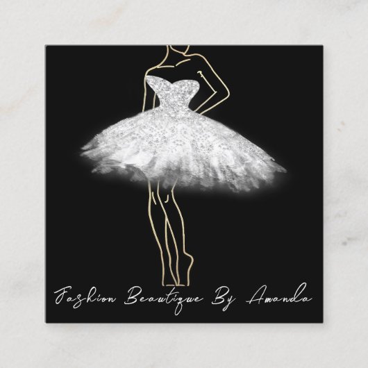 ファッションドレスロゴQRコードシルバーグレー白黒 スクエア名刺 (正面)