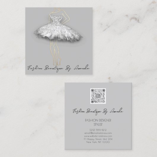 ファッションドレスロゴQRコードシルバーグレー金ゴールド体 スクエア名刺 (正面/裏面)