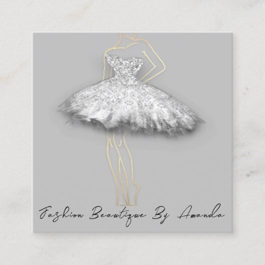 ファッションドレスロゴQRコードシルバーグレー金ゴールド体 スクエア名刺 (正面)