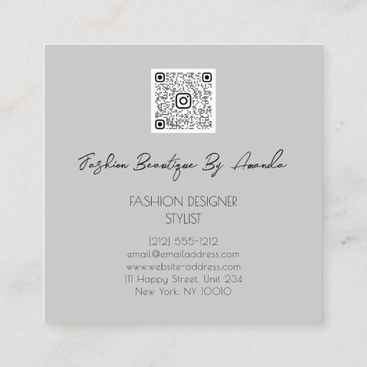 ファッションドレスロゴQRコードシルバーグレー金ゴールド体 スクエア名刺 (裏面)