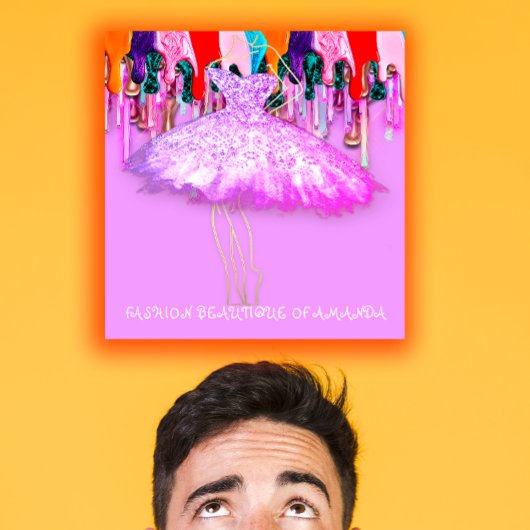 ファッションドレスロゴQRコードピンクグリッタードリップ スクエア名刺