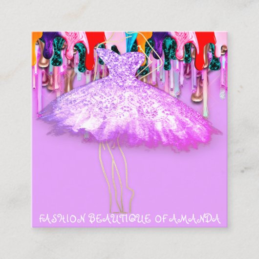 ファッションドレスロゴQRコードピンクグリッタードリップ スクエア名刺 (正面)