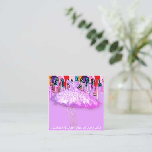 ファッションドレスロゴQRコードピンクグリッタードリップ スクエア名刺 (スタンド正面)