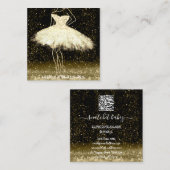 ファッションドレスロゴQRコードブラックグリッター金ゴールド スクエア名刺 (正面/裏面)