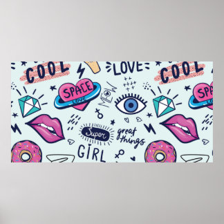 ファッションパッチバッジピンクgのシームレスなパターン ポスター