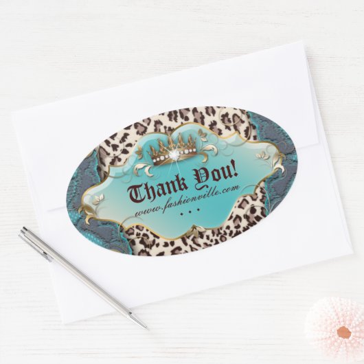 ファッションヒョウジュエリークラウンティール（緑がかった色）3 楕円形シール (封筒)