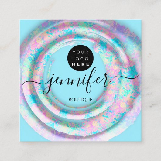 ファッションピンクフローラブティックロゴパステルブルー スクエア名刺 (正面)