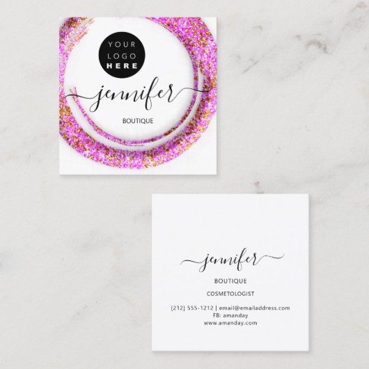 ファッションピンクフローラブティックロゴ金ゴールド スクエア名刺 (正面/裏面)