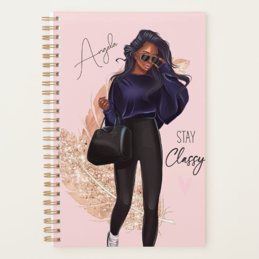 ファッションフェイクグリッターガールレッドヘアブラウンピンク プランナー手帳 (正面)