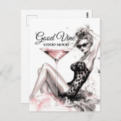 ファッションブロンド女の子レオパードとグラスのつる植物 ポストカード (正面/裏面)