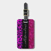 ファッションモダンピンクパープルグリッターヒョウ。        ラゲッジタグ (正面縦)