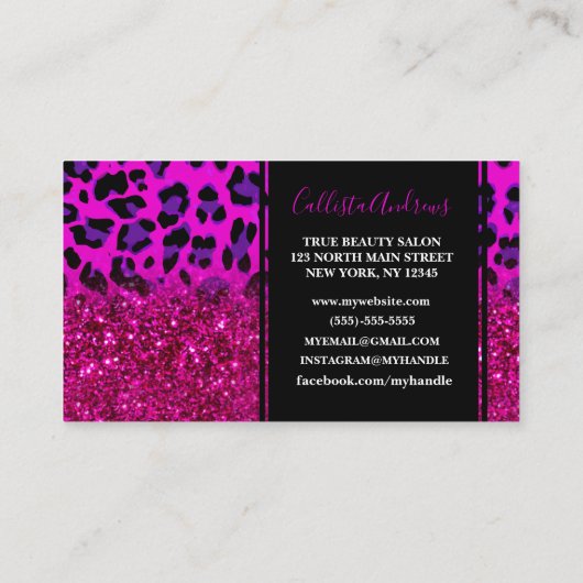 ファッションモダンピンクパープルグリッターヒョウ。        名刺 (裏面)