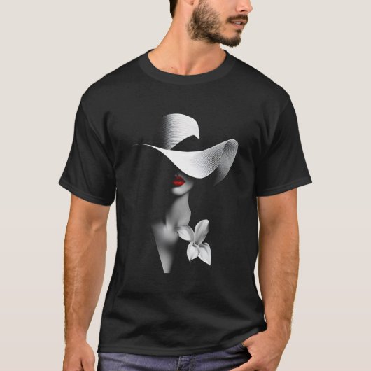 ファッションモデル 帽子 大きいつば 日よけ帽子 赤い唇 花 Tシャツ (正面)