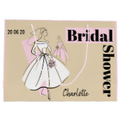ファッション花嫁ニュートラルブライダルシャワー日付名ピンク ラージペーパーバッグ (裏面)
