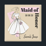 ファッション花嫁ニュートラルメイド・オブ・オーナー（花嫁付き添い人）名 マグネット<br><div class="desc">中世紀のスタイルデザインで、ニュートラルな色変化の背景にピンクと白の花嫁のラインスケッチをフィーチャーしたレトロなtouch。1950インスパイア年代と1960年代のドレスパターンとファッションイラストレーションによって。カスタマイズ可能なデザインで、自分の文字、画像、アイディアでパーソナライズできる。QuirkyChicオリジナルでJess Perryによって作成されたレトロデジタルアートイメージ。</div>