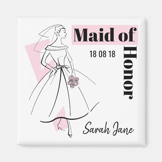 ファッション花嫁ピンクメイド・オブ・オーナー(花嫁付き添い人)日付名スクエア マグネット (正面)