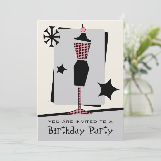 ファッション誕生日パーティーヴィンテージレトロドレス型枠 招待状 (スタンド正面)
