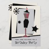 ファッション誕生日パーティーヴィンテージレトロドレス型枠 招待状 (正面/裏面)