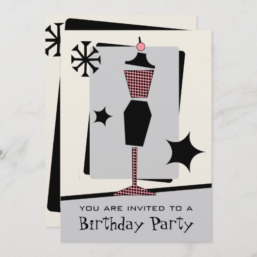ファッション誕生日パーティーヴィンテージレトロドレス型枠 招待状 (正面/裏面)