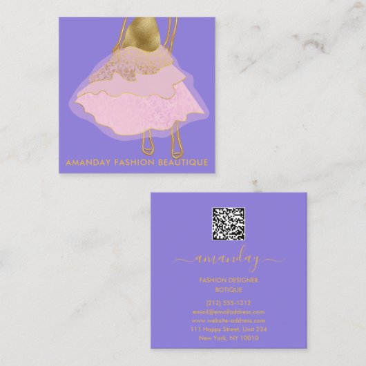 ファッション金ゴールドピンクドレスロゴQRスタイリストバイオレット スクエア名刺 (正面/裏面)