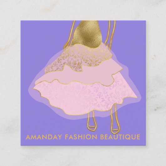 ファッション金ゴールドピンクドレスロゴQRスタイリストバイオレット スクエア名刺 (正面)