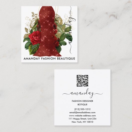 ファッション金ゴールドフローラドレスロゴQRCodeレースレッド スクエア名刺 (正面/裏面)